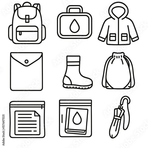 Waterproof School Essentials. Outline style icons of School Waterproof Items: waterproof backpack, lunchbox with droplet, rain