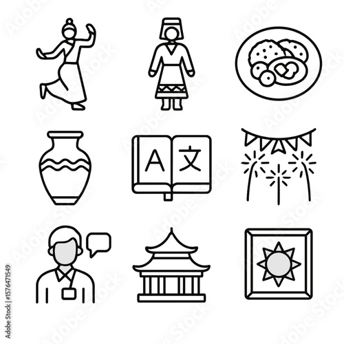 Cultural Travel Icons. Outline style icons of Cultural Travel: traditional dance, folk costume, local cuisine plate, pottery item,