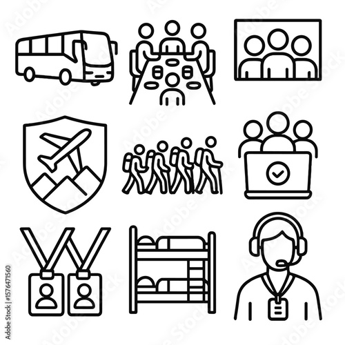 Group Travel Icons. Outline style icons of Group Travel: bus tour icon, shared meal table, group photo, travel badge, caravan of