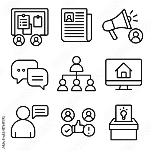 Internal Communication Icons. Outline style icons of Internal Company Communication: team bulletin board, HR newsletter, company