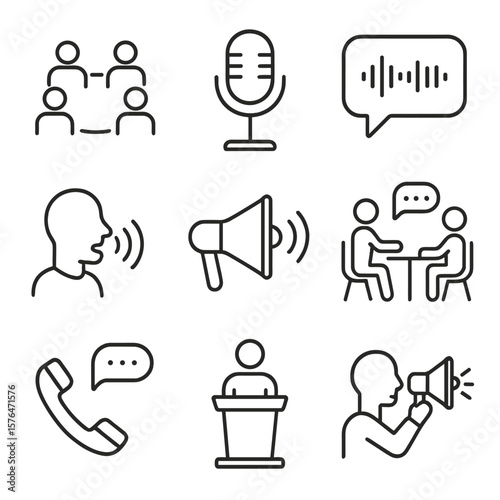 Verbal Interaction Icons. Outline style icons of Verbal Business Interaction: discussion circle, podcast mic, voice note icon,