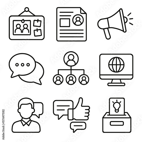 Internal Communication Icons. Outline style icons of Internal Company Communication: team bulletin board, HR newsletter, company