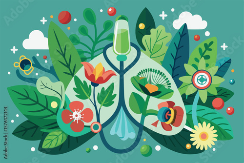 Vibrant artistic depiction showing lungs surrounded by diverse plants and leaves, symbolizing health and natures role. Ideal for topics on environmental wellness and natural medicine.
