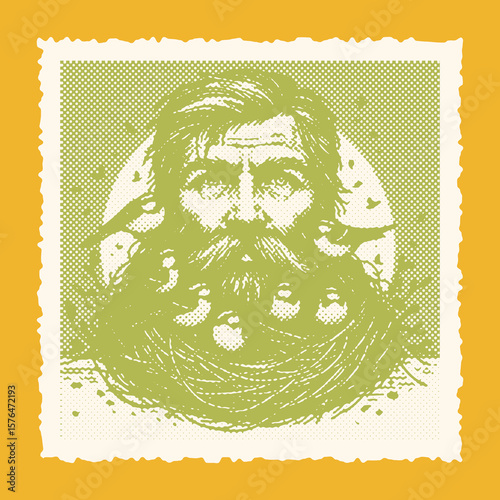  Vibrant color engraving frame stamp halftone vector of a bearded man with birds nesting in his beard, surreal illustration with detailed texture, retro fantasy concept art style