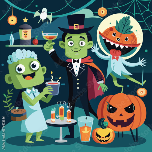 Cheerful halloween party illustration featuring vampires pumpkins and other spooky characters