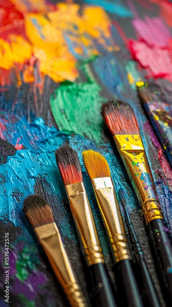 Fototapeta premium Vibrant paintbrushes rest against a colorful palette of mixed paints, showcasing the artistic tools of creativity and expression, perfect for art enthusiasts and creators alike.