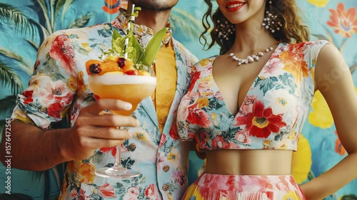 Tropical Attire Couple Enjoying Refreshing Cocktails with Decorative Fruits Outdoors