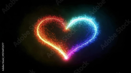 Neon Rainbow Heart Shapes Evolving from Sparkles Against Black Background
