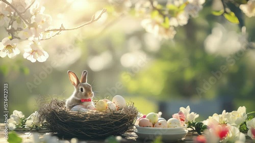 Spring Scene with Rabbit in Nest Surrounded by Blossoms in Sunlit Garden