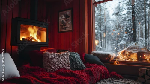 Cozy Cabin Interior with Fireplace Overlooking Snowy Forest through Large Windows