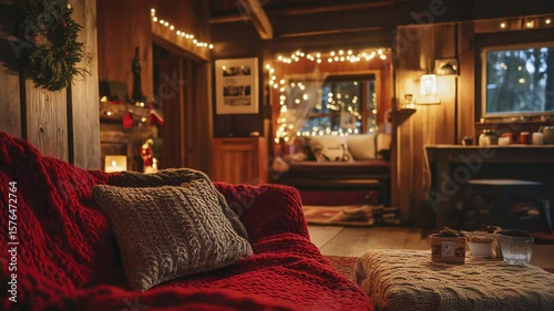 Cozy Living Room with Red Blanket, Fireplace, and Holiday Decorations