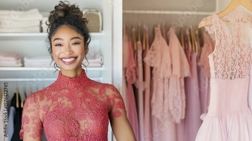 Woman Exploring Dress Collection in Closet While Trying on Red Lace Outfit