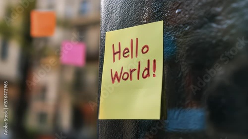Urban Scene with Colorful Sticky Notes on Tree Trunk Featuring 
