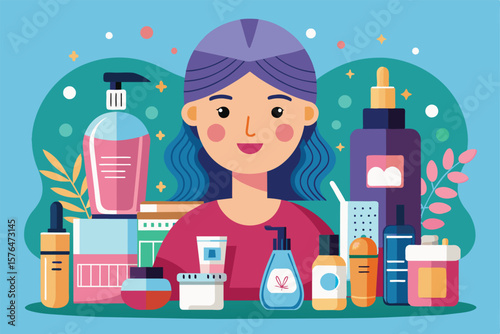Vibrant illustration of a smiling woman surrounded by various beauty products. Captures themes of skincare, self care, and cosmetic enthusiasm. Perfect for beauty and wellness related concepts.
