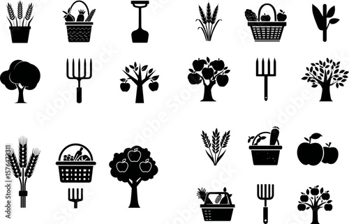 Vector agriculture farming icons set harvest tools and crops in black and white