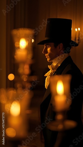 Portrait of man in regency era attire with top hat and cravat in candlelight setting