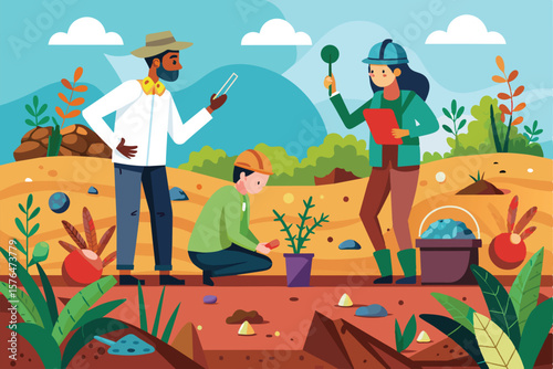 Group of ecologists in a vibrant landscape examining plants and soil. Collaboration, research, and environmental conservation. Ideal for topics on ecology, teamwork, and sustainable practices.