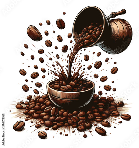 Falling coffee beans isolated on white background