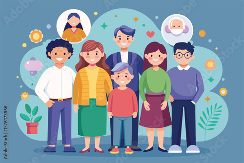 Illustration depicting a cheerful multigenerational family. Includes parents, children, and grandparents, signifying love, togetherness, and family unity. Vibrant colors enhance the joyful atmosphere.
