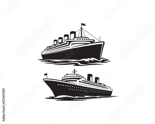 Black and White Cruise Ships Vector Illustration on White Background