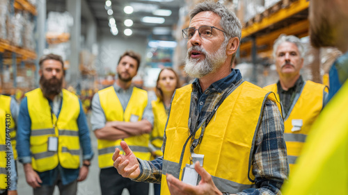 Senior warehouse manager in safety vest leading team meeting in modern logistics facility