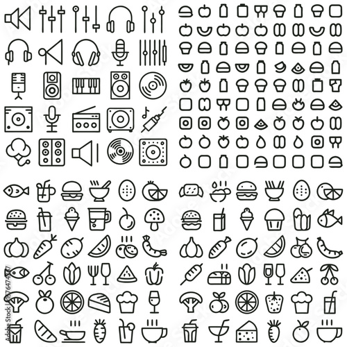 Black and White Line Art Icons Set Food Music Audio Mixer Headphones Microphone Speakers Vinyl Record Player Keyboard