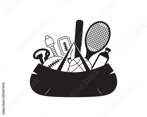 Black and white sports equipment bag with various athletic gear vector illustration