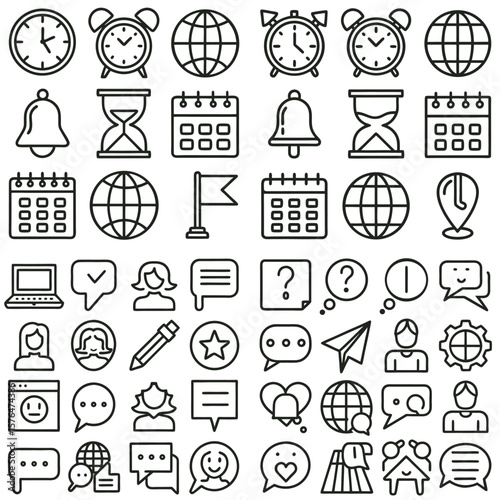 Collection of Black Line Icons Time Globe Calendar Communication User Interface Elements
