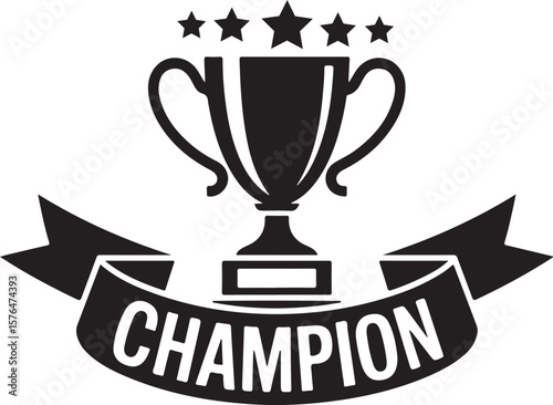 Black and White Champion Trophy with Stars and Ribbon Vector Illustration