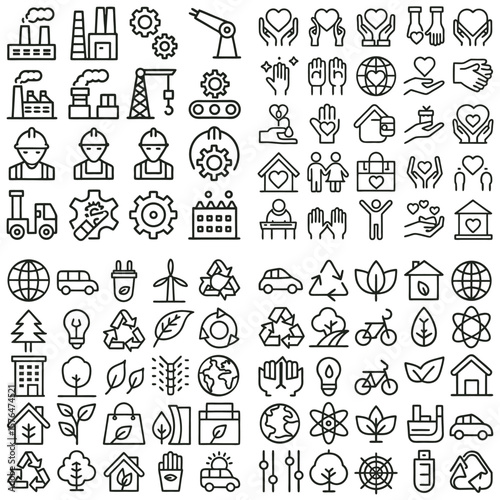 Collection of Black Line Icons Depicting Industry Ecology Sustainability and Social Responsibility Themes