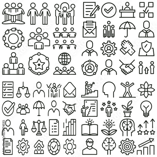 Black and White Line Icons Set Teamwork Business Management Strategy Success Growth