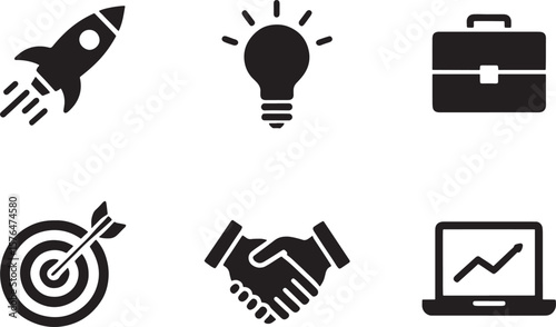 Business Startup Icons Rocket Launch, Ideas, Teamwork, and Success