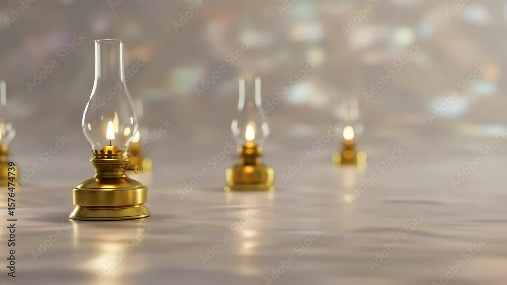 Small brass oil lamps on marble surface
