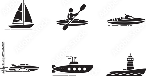 Watercraft Icons Sailboat, Kayak, Speedboat, Submarine, Jet Ski, Lighthouse
