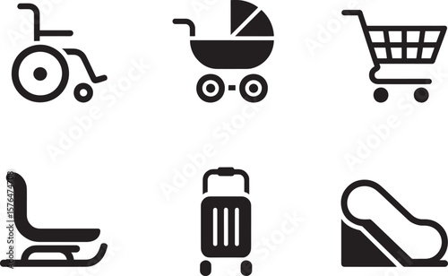 Accessibility Icons Wheelchair, Stroller, Shopping Cart, Sled, Suitcase, Escalator