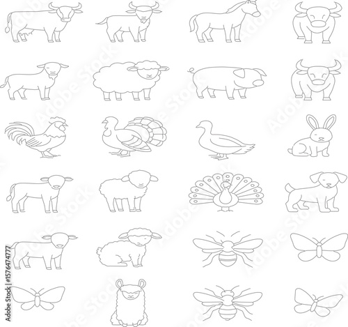 Farm Animals Line Icon Set: Thin Linear Vector Pictograms of Ducklings, Sheep, Horses & Barnyard Animals