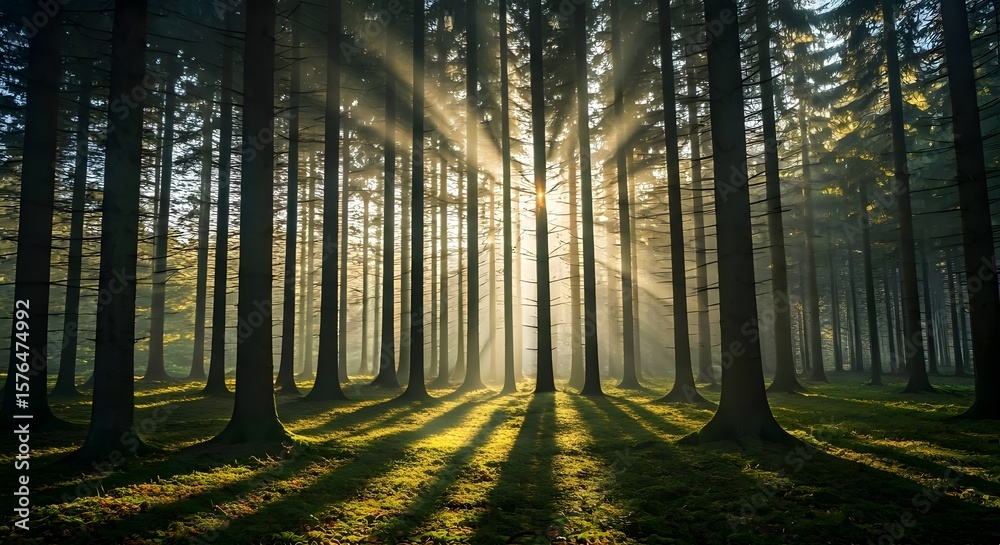 Obraz premium Sunbeams breaking through forest trees.jpg