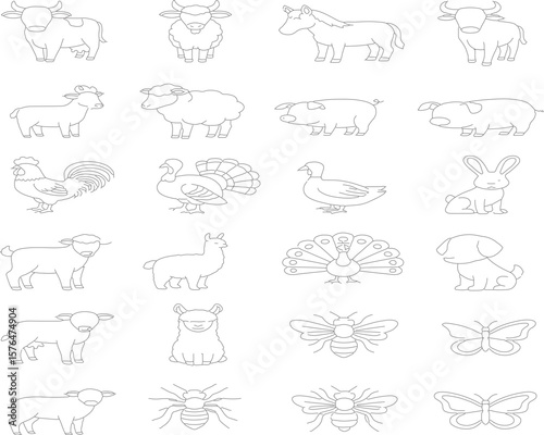 Farm Animals Line Icon Set: Thin Linear Vector Pictograms of Ducklings, Sheep, Horses & Barnyard Animals