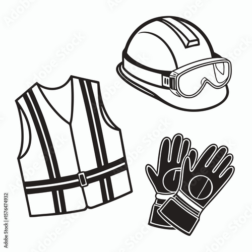 Safety First Essential Protective Gear Illustrated Hard Hat Vest and Gloves for Workplace Hazard Prevention
