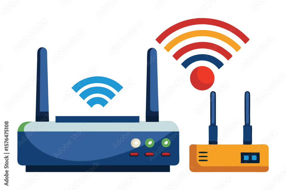 A Colorful Illustration of Two Wireless Routers with Antennas Emanating Wireless Signals on a White Background A Colorful Illustration of Two Wireless Routers with Antennas Emanating Wireless Signals on a White Background