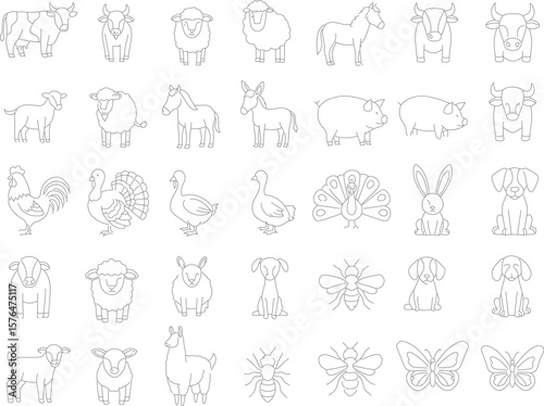 Farm Animals Line Icon Set: Thin Linear Vector Pictograms of Ducklings, Sheep, Horses & Barnyard Animals
