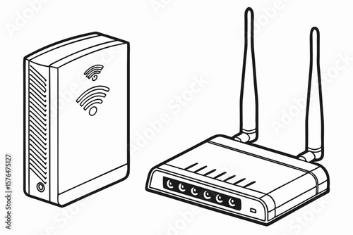 Illustration of Network Devices A Modern Router and Wireless Access Point with Antennas