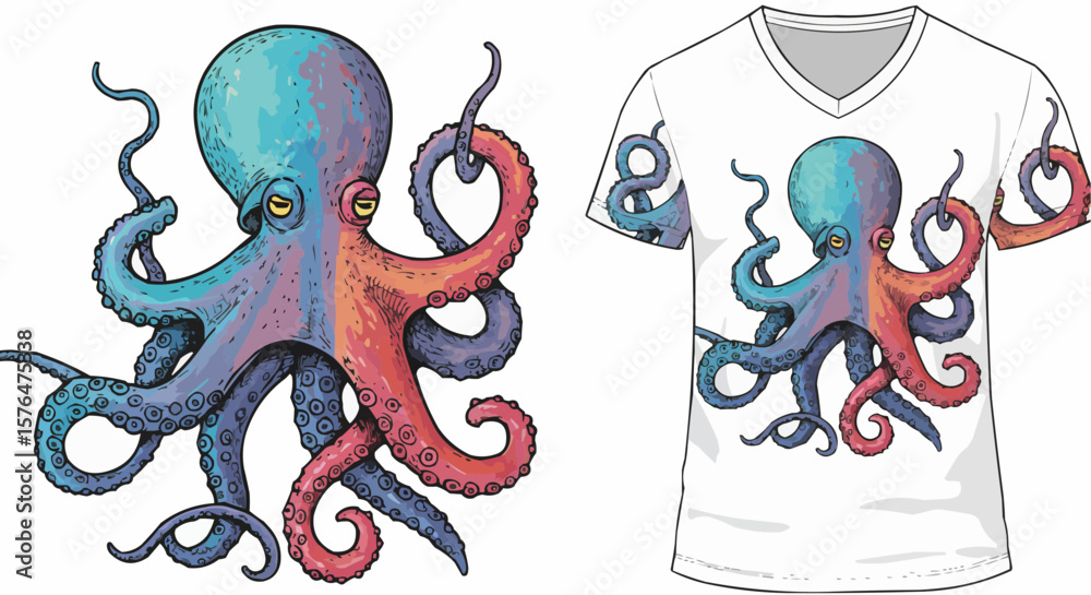 Fototapeta premium Illustration of an octopus design on a t-shirt.