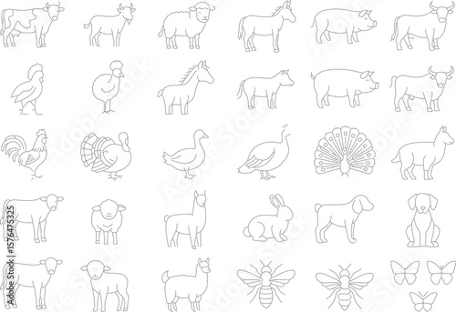 Farm Animals Line Icon Set: Thin Linear Vector Pictograms of Ducklings, Sheep, Horses & Barnyard Animals