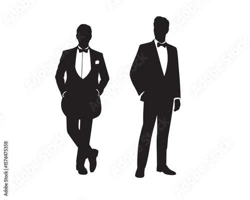 Black Silhouettes of Two Men in Tuxedos on White Background