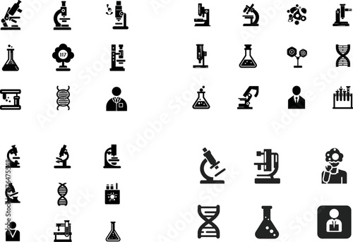 Science and research icons vector set microscope dna flask and scientist illustration