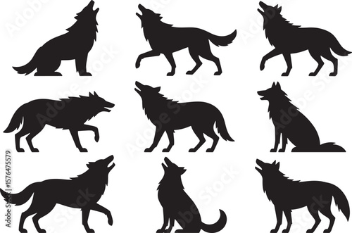 Black Wolf Silhouettes in Various Poses on White Background
