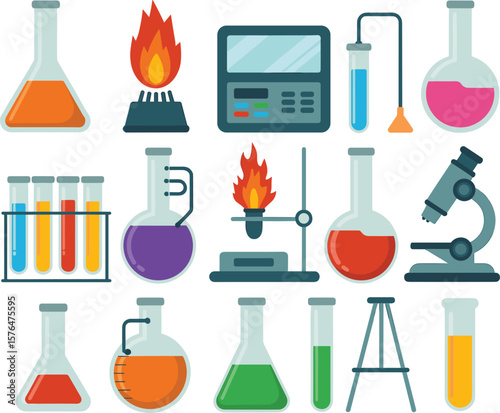 Colorful flat design illustration of chemistry lab equipment, test tubes, beakers, burners, flasks, microscope, scientific experiment tools, laboratory elements.