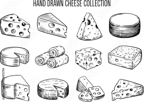 Hand drawn black and white cheese collection illustration, sketched dairy food set, vintage cheese types, cartoon cheese slices and wheels.