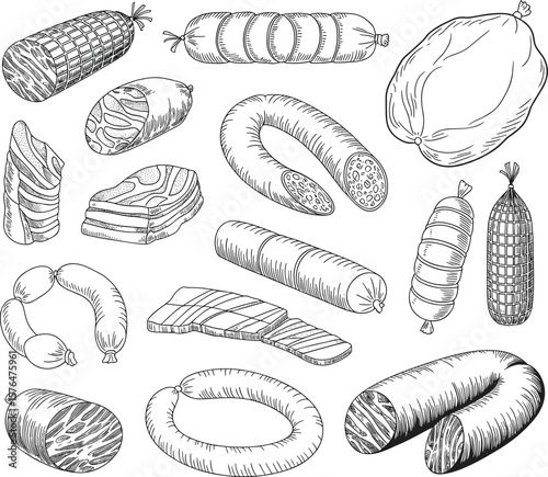 Hand drawn sausage and meat set, vintage butcher sketch, smoked ham, salami, bacon, deli meats, black and white illustration